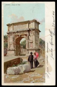 Acquarello che ritrae a Roma, Arco di Tito con due turisti