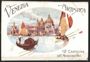 Confezione di cartoline artistiche all'acquerello con vedute di Venezia. 1920