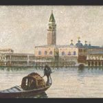 Acquarello di un panorama di Venezia con una gondola in primo piano