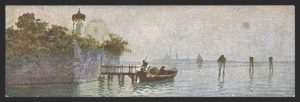 Acquarello della laguna di Venezia. Una barca attracca ad un molo.