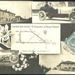 Quattro foto di auto e paesaggi con al centro la mappa del circuito automobilistico che il 6 e 7 settembre 1908 ospitò la Targa Florio e la Targa Bologna