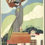 Cartolina grafica di Umberto Brunelleschi della serie "Le coraggiose", ragazze che sostituirono gli uomini al lavoro durante la guerra. 1918