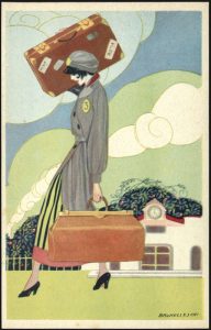 Cartolina grafica di Umberto Brunelleschi della serie "Le coraggiose", ragazze che sostituirono gli uomini al lavoro durante la guerra. 1918