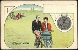 Velocipedismo, cartolina grafica del giornale umoristico "La rana", 1835-1919