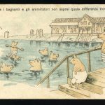 Cartolina grafica di maialini al mare: fra i bagnanti e gli ammiratori non saprei quale differenza trovi