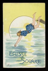 Eclisse solare: cartolina grafica di una ragazza che si tuffa dal trampolino