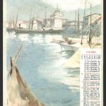 Acquerello con il porto di Livorno e il calendario di Giugno 1903.