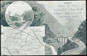 Cartolina grafica con immagini e orario del percorso Cesena-Bagno di Romagna, prima del 1906