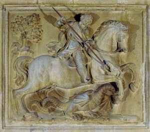 La lapide in altorilievo in marmo greco, che raffigura San Giorgio e il drago